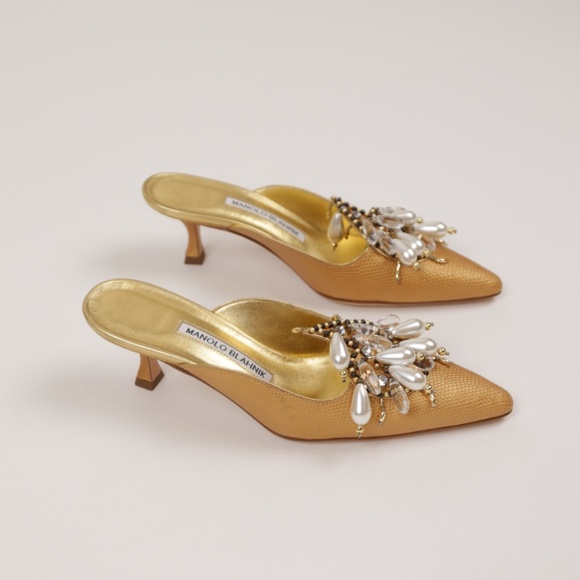Manolo Blahnik Gold Pearl Beaded Accents 36 - Picture 1 of 12
